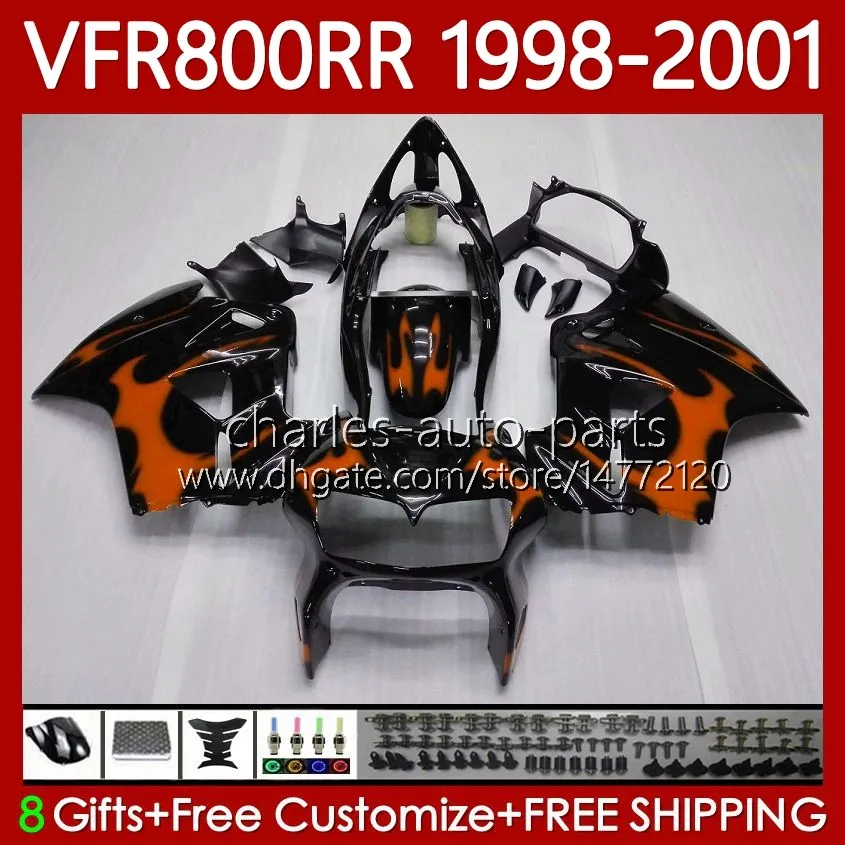 Body Kit voor Honda Interceptor VFR 800RR 800 CC RR VFR800RR 1998 1999 2000 2001 Carrosserie 128NO.103 Oranje Vlammen VFR-800 800CC VFR800R 98-01 VFR800 RR 98 99 00 01 Kuip