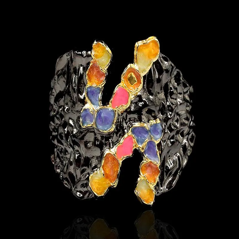 Кластерные кольца серебряная пластина для женщин Кольцо цветная клетчатая эпоксидная форма нерегулярная форма черная золотая двухцветная ручная сбоя пары