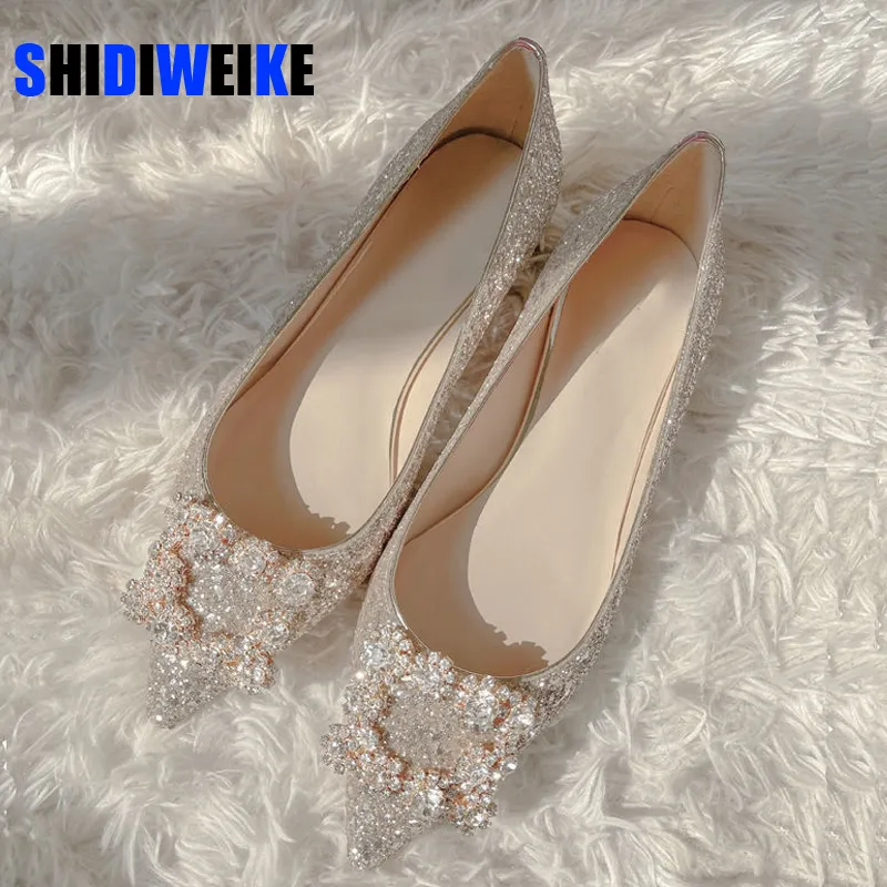 Trouwschoenen vrouw vierkante gesp geworden kristal puntige teen flats glitter ondiepe slip op comfortabele loafers bling 3344 220613