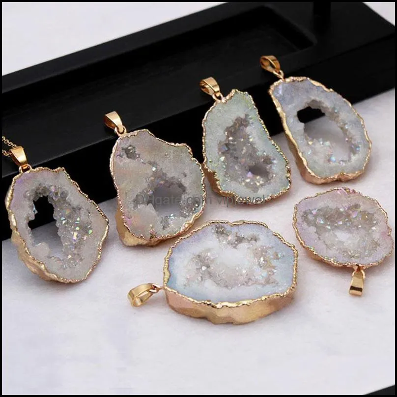 irregular gold plated crystal agates natural stone pendant necklaces with chain for men women fashion jewelry