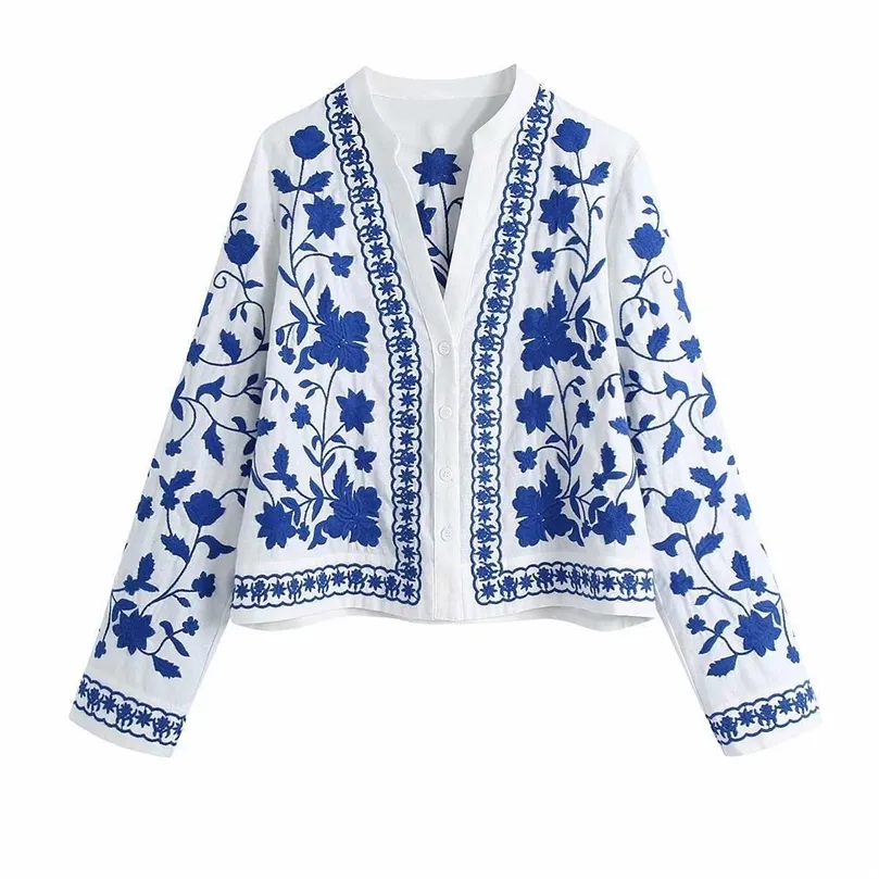 Women Embroidery Shirt Chinese style Long Sleeves Fashion Casual Vintage Chic Lady Woman Shirt Button Up Tops 210709