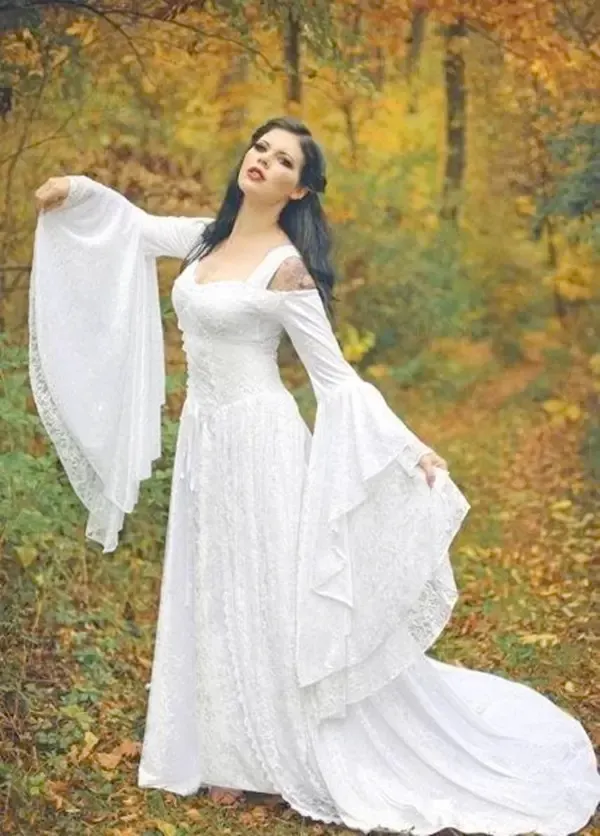 fantasy fairy wedding dress White Elven Wedding Dress Gown  Fantasy Fairy Medieval Witch Pagan Bridal  Gown With Long Flared Sleeves and Lace Embroidery