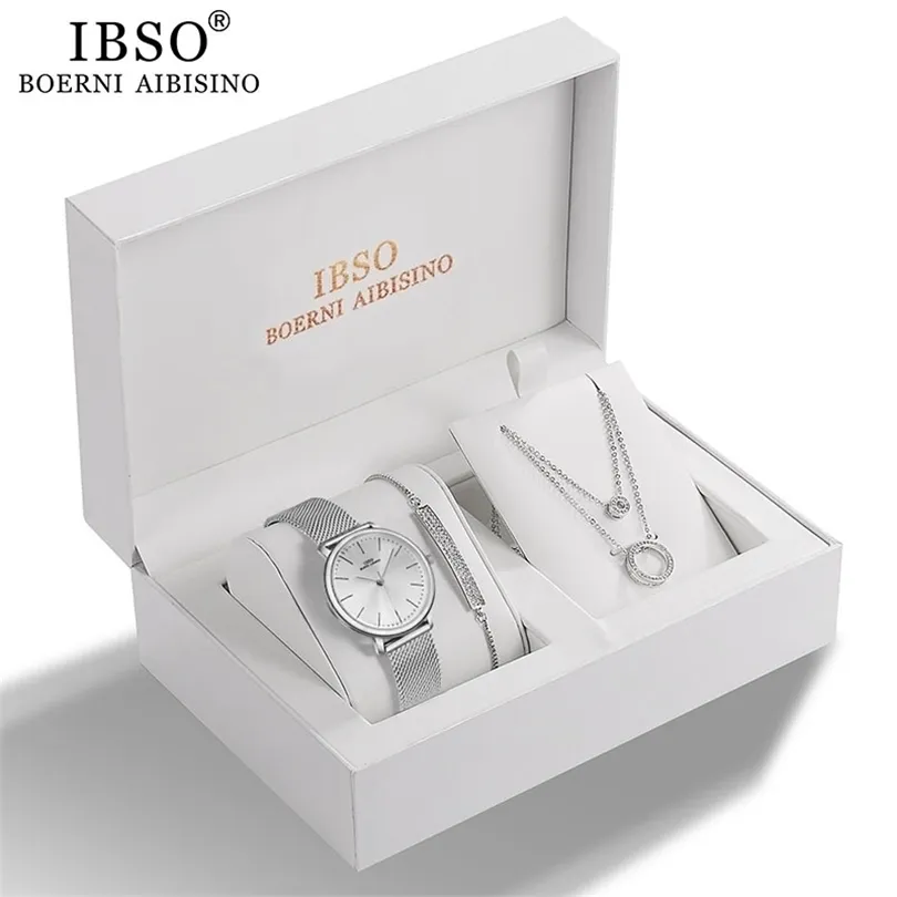 IBSO Women Quartz Watch Set Crystal Design Bracleace Necklace Watch مجموعات مجوهرات أنثى مجموعة أزياء Silver Silver Gift Lady's Gift 201114