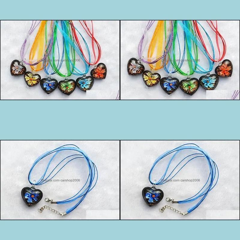 fashion heart 6 colors lampwork glass pendants inner flower murano necklace party jewelry women