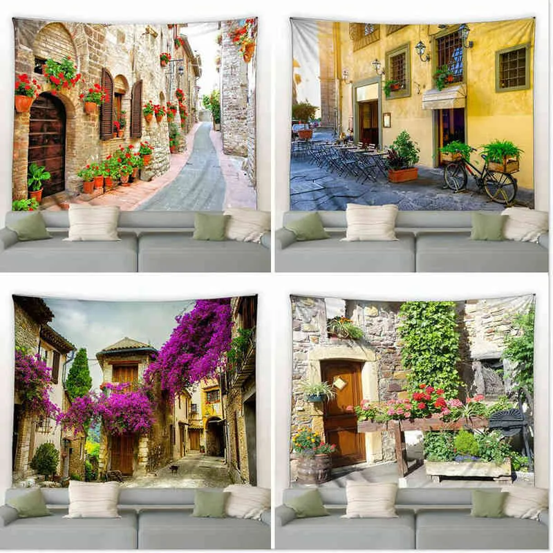 Tapestry 3d Retro City Flowers Tapestry Green Plants Street Landscape House Gar