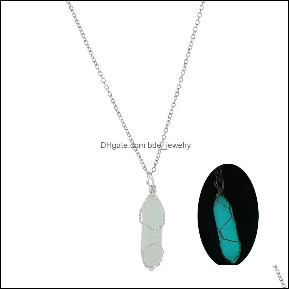 hexagonal pillar crystal necklace glow in the dark luminous wire wrap stone craft pendant necklaces gift for women men party