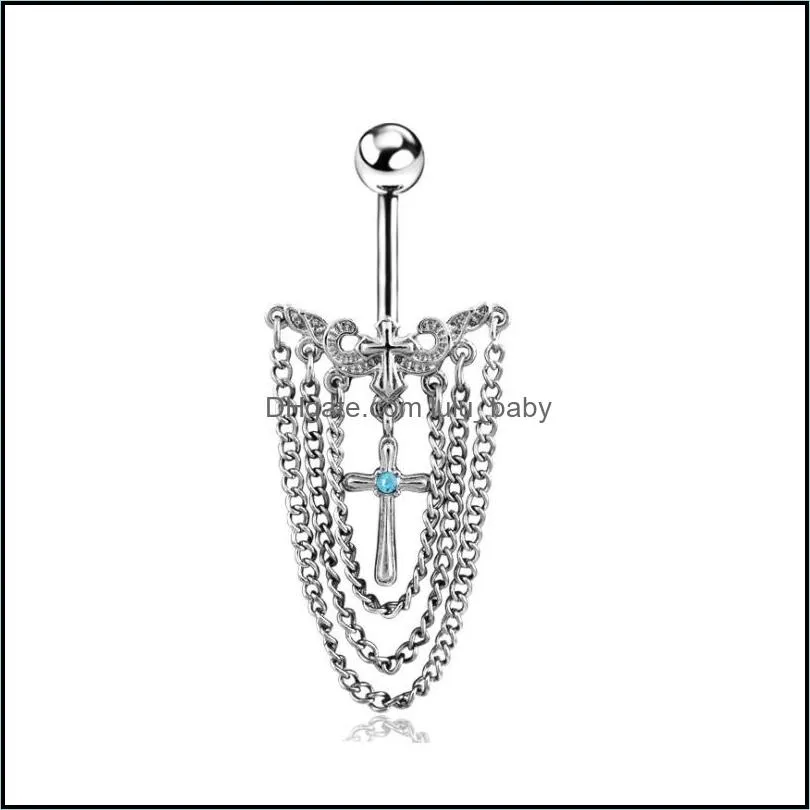 14g chain dangle belly button ring stainless steel alloy cross tassel navel barbell piercing jewelry for women