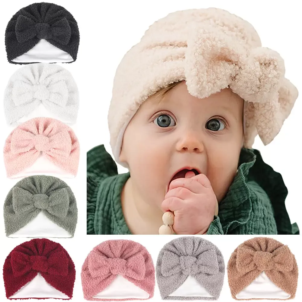 Europe Autumn Winter Infant Baby Kids Warm Hat Bokwnot Turban Cap Children Hats Teddy Velvet Double Layer Thick Beanies