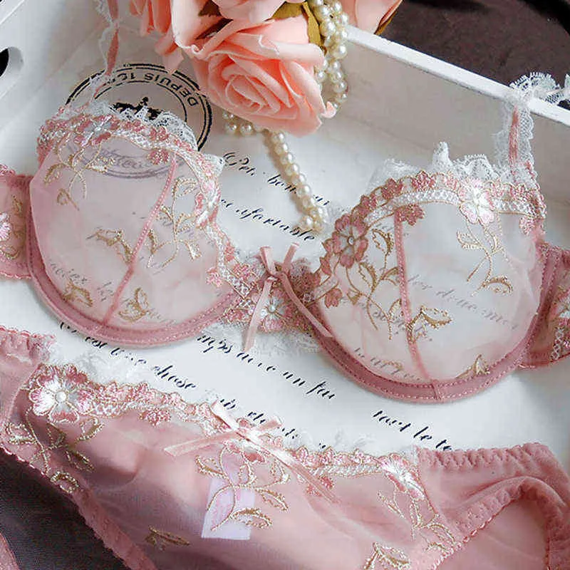 Underbara broderier lotus rosa ultratunna kvinnor sexiga transparenta kanter underkläder bra underkläderuppsättning l220727