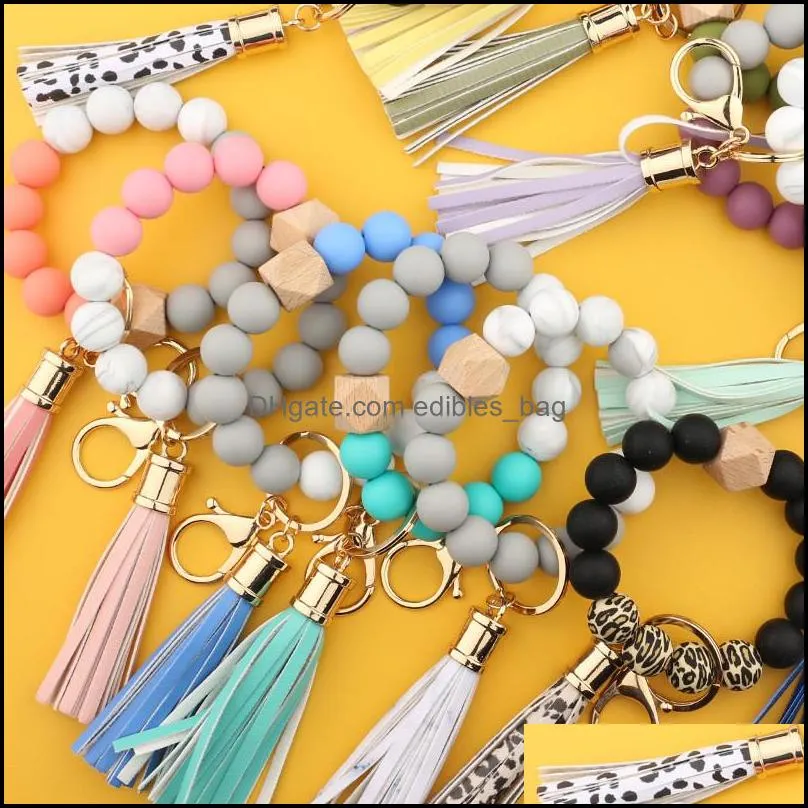 14 colors silicone key ring bracelet beaded wrislet keychain portable house car keys holder with tassel keyring bangle for women girl keychains wristlet