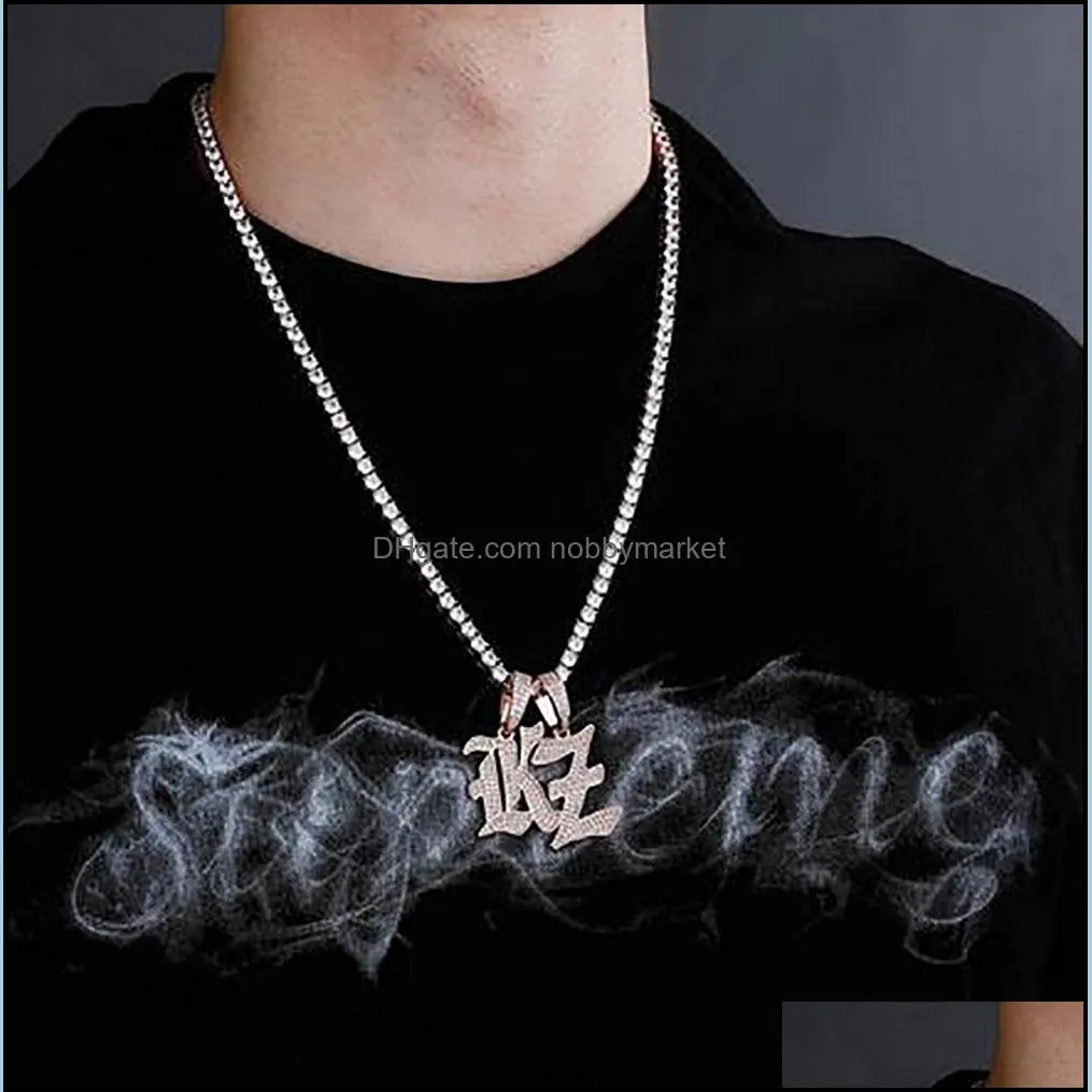 Iced Out A-Z Old Style Writing Letters Pendant Necklace Ancient Letter Charm with 24inch Rope Necklaces Zirconia Hiphop Jewelry