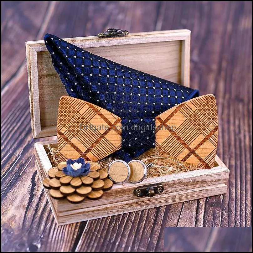 bow ties manual wooden tie handkerchief cufflinks brooches set men`s wood bowtie for women groomsman suit accessories gift