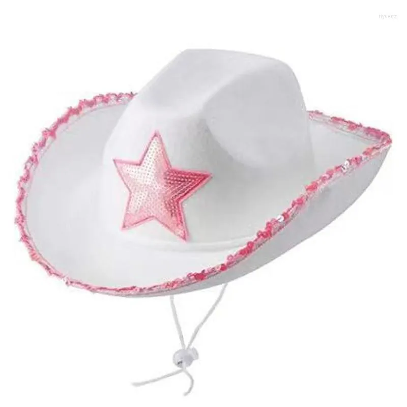 Bérets chapeau de Cowgirl blanc feutre avec corde de cou étoile à paillettes roses pour habiller les fêtes et jouer à la plupart des filles