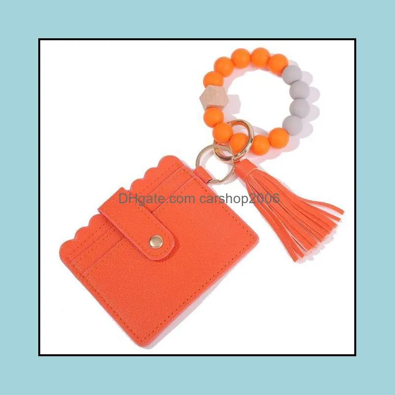 ups fashion pu leather bracelet wallet keychain party favor tassels bangle key ring holder card bag silicone beaded wristlet keychains