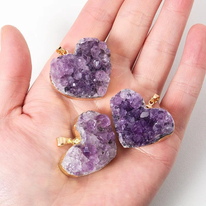 Natural Amethyst Cluster Crystal Pendant Love Gift Chakra Healing Reiki Mineral Quartz Energy Rough Stone Necklace with leather rope