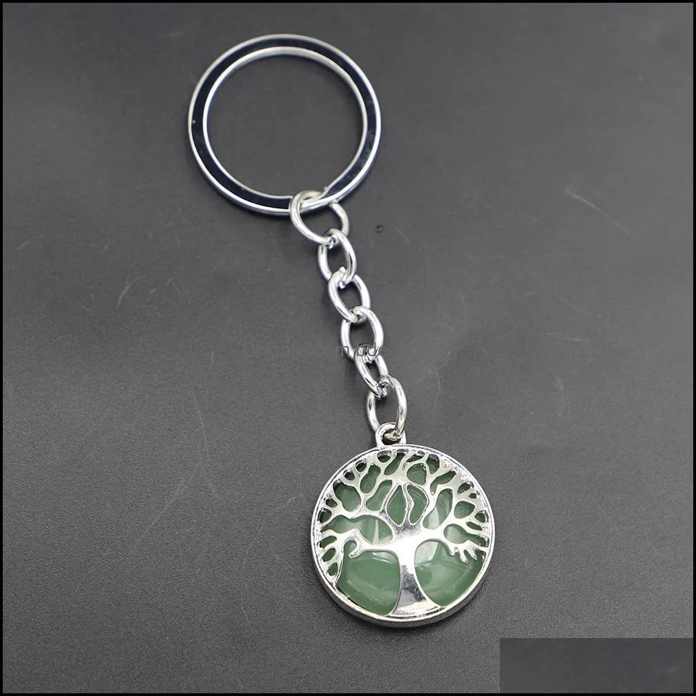 fashion tree of life key rings natural stone pendant keychain natural quartz stones pink crystal keychains accessories