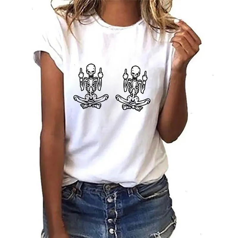 Women T Shirt Summer Skull Middle Finger Harajuku Print Ladies Tshirts Short Sleeve Casual Streetwear Tee Femme