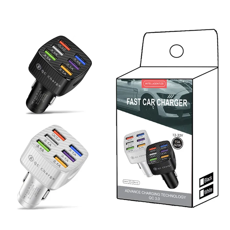 6USB QC 3.0 Chargeur de voiture Charge rapide 3.0 Téléphone de charge de voiture Chargeur rapide 6 ports USB Chargeur de voiture portable pour téléphone portable iPhone Xiaomi Samsung avec emballage de vente au détail