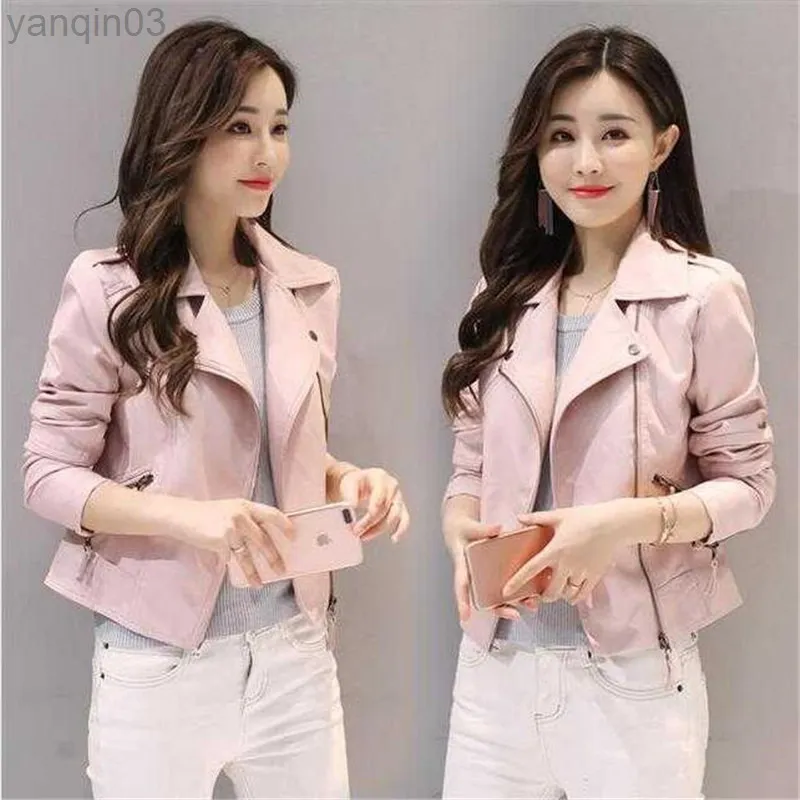 Nouveau printemps et automne veste en cuir pour femme mode courte slim rose pu petit manteau veste en cuir de moto S-4XL L220801