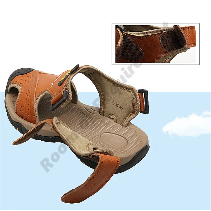 Large size sandals men 2022 summer new breathable toe sandal outdoor leisure Casual beach shoes Head layer cowhide Grey Fog 001