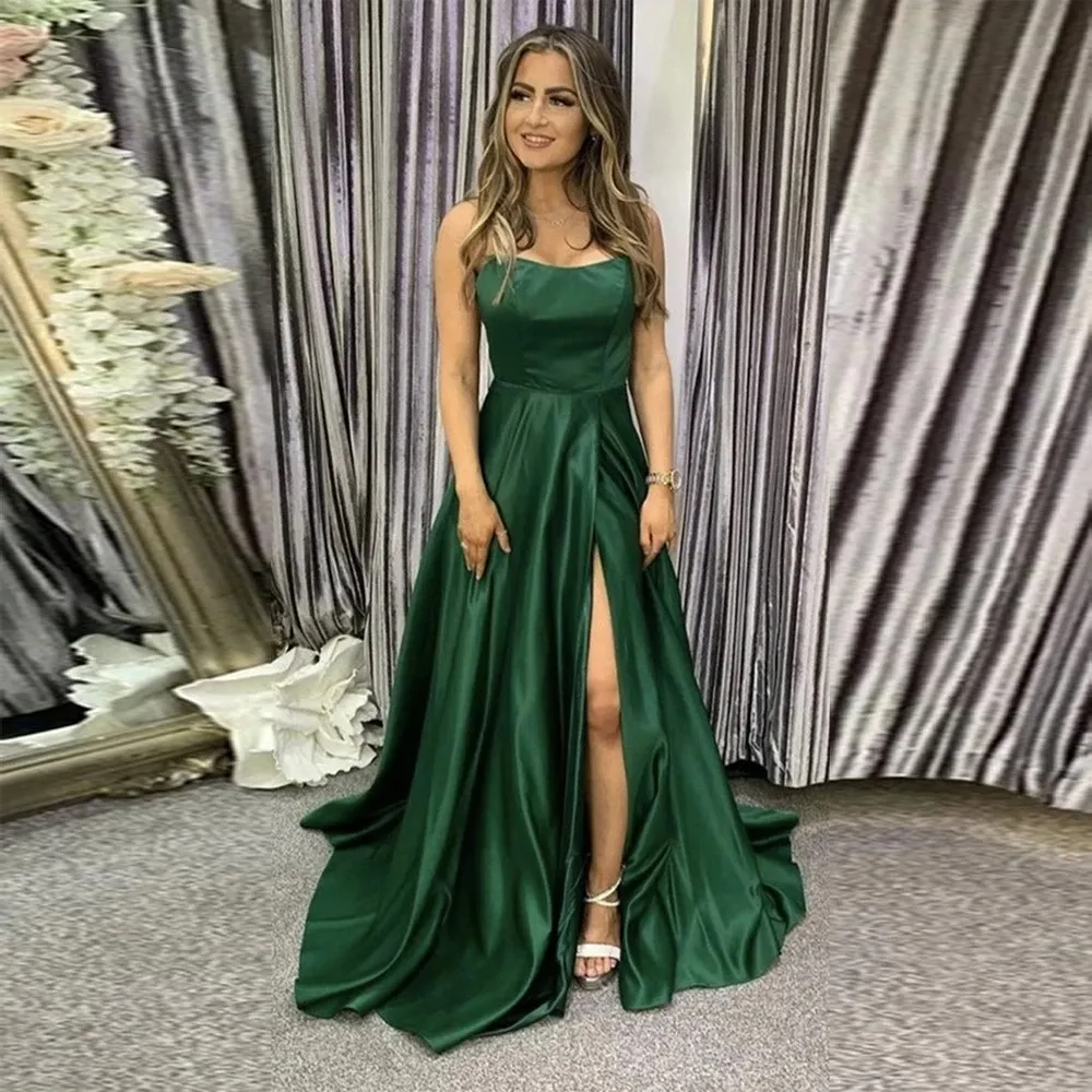 Formal Evening Gown Emerald Green Two Piece Dress Green A-Line Satin Prom Dress With Spaghetti Formal Evening Gown Emerald Green Two Piece Dress Green A-Line Satin Prom Dress With Spaghetti