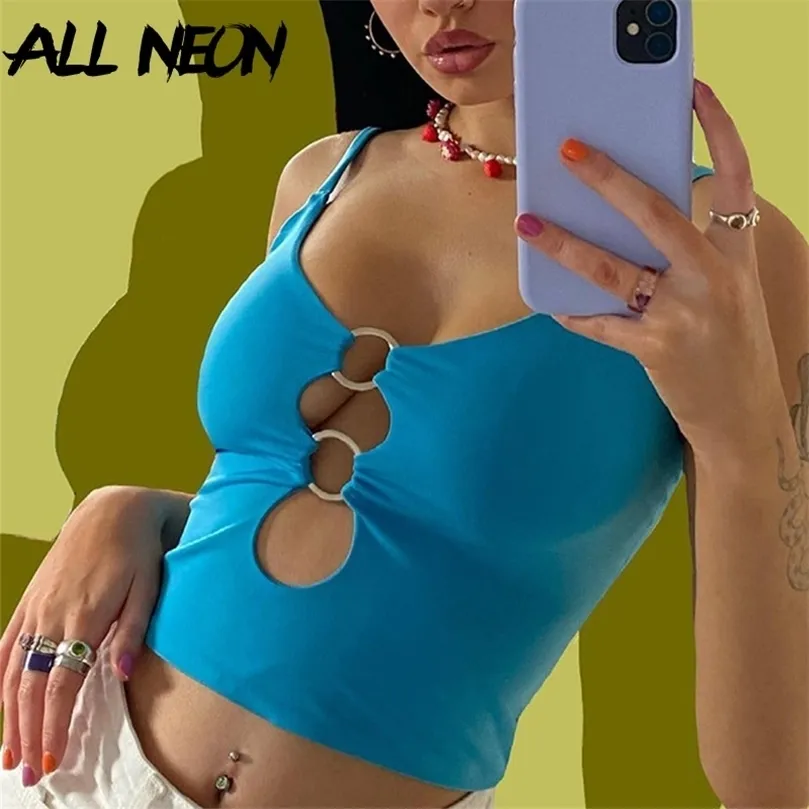 Allneon Y2K Aesthetics Hollow Out Green Cami Tops 2000s Mode Zomer Gaten String Backless Crop Tops E-Girl Streetwear Sexy 220407