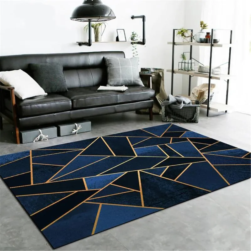 Tappeti per soggiorno Tappeto geometrico blu con motivo a linee dorate Tappeto decorativo in stile nordico Tappeto per camera da lettoTappeti
