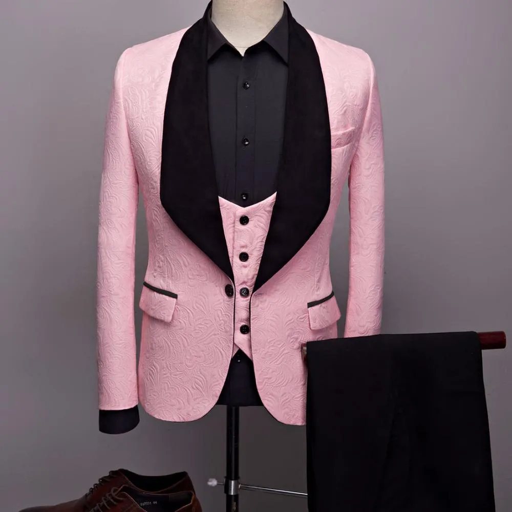 Slim Fit Pink Embossing Groom Tuxedos Black Velvet Shawl Lapel Groomsman 3 Piece Men Prom Business Suit Jacket Blazer Jacket Pants Tie Vest 2662
