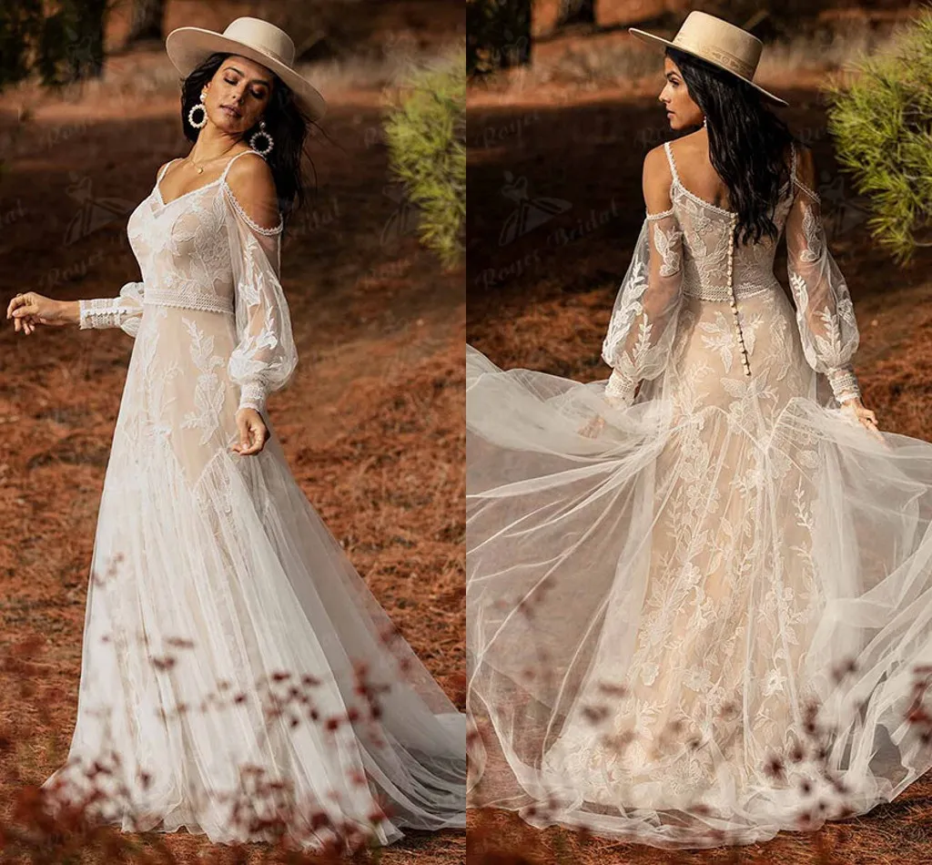 Fodera champagne Bohemian Boho Abito da sposa con bottoni posteriori Manica lunga a sbuffo Appliques in pizzo Scollo a V Cinghie sottili 2022