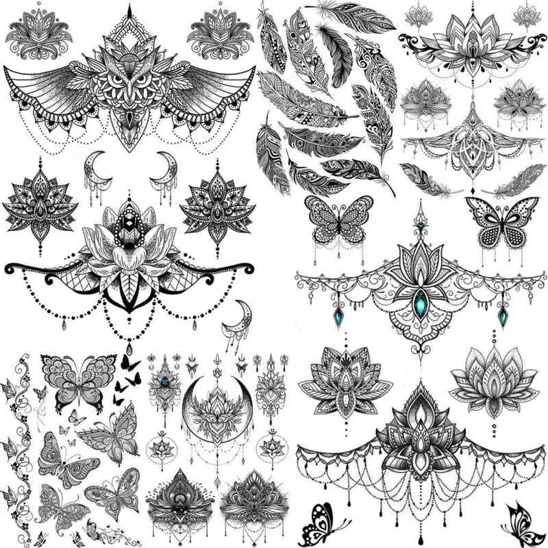 NXY Temporary Tattoo Yuran Women Girl Big Arm Owl Fake Henna India Tatoo Stickers Custom Mandala Flower Black Turtle s Lace 0330