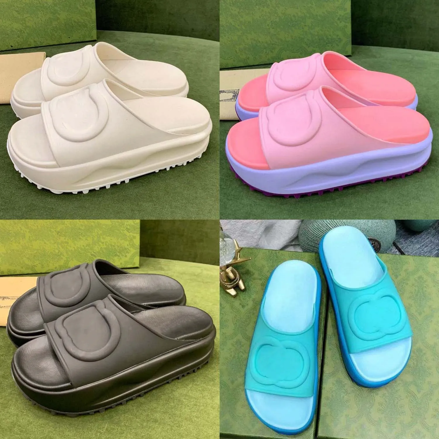 2022 neue Stil Hausschuhe Sandale Sliders Macaron dicken Boden rutschfeste weiche Unterseite Mode G Haus Slipper Frauen tragen Strand Flip-Flops INS 20