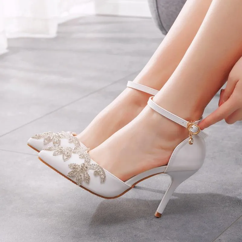 Sandały 9cm Heel Heel z drobnymi Krótkimi butami ślubnymi Białe obcasy