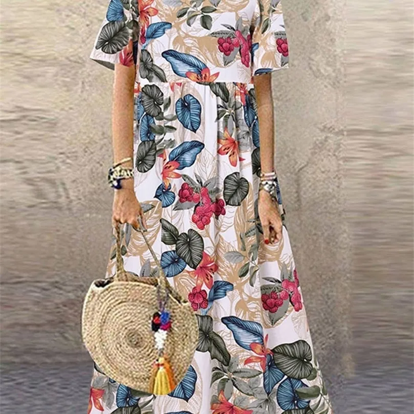 ZANZEA Bohemian Holiday Sundress Summer Women Vintage Floral Printed Short Sleeve Beach Dress Loose Long Vestido Robe Femme 220527