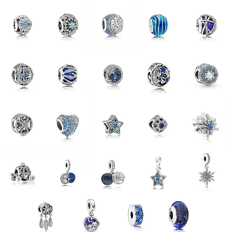 925 Sterling Silver Beads Blue Ocean Heart Series Charm Fit Pandora Bracelet or Necklace Pendants Lady Gift