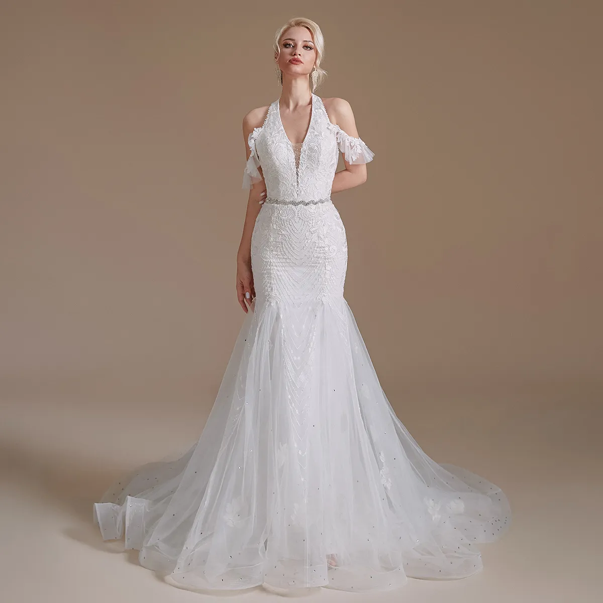 Дизайнерская кружевная русалка Свадебные платья с разбивкой шеи с бусинными приспособленными свадебными.