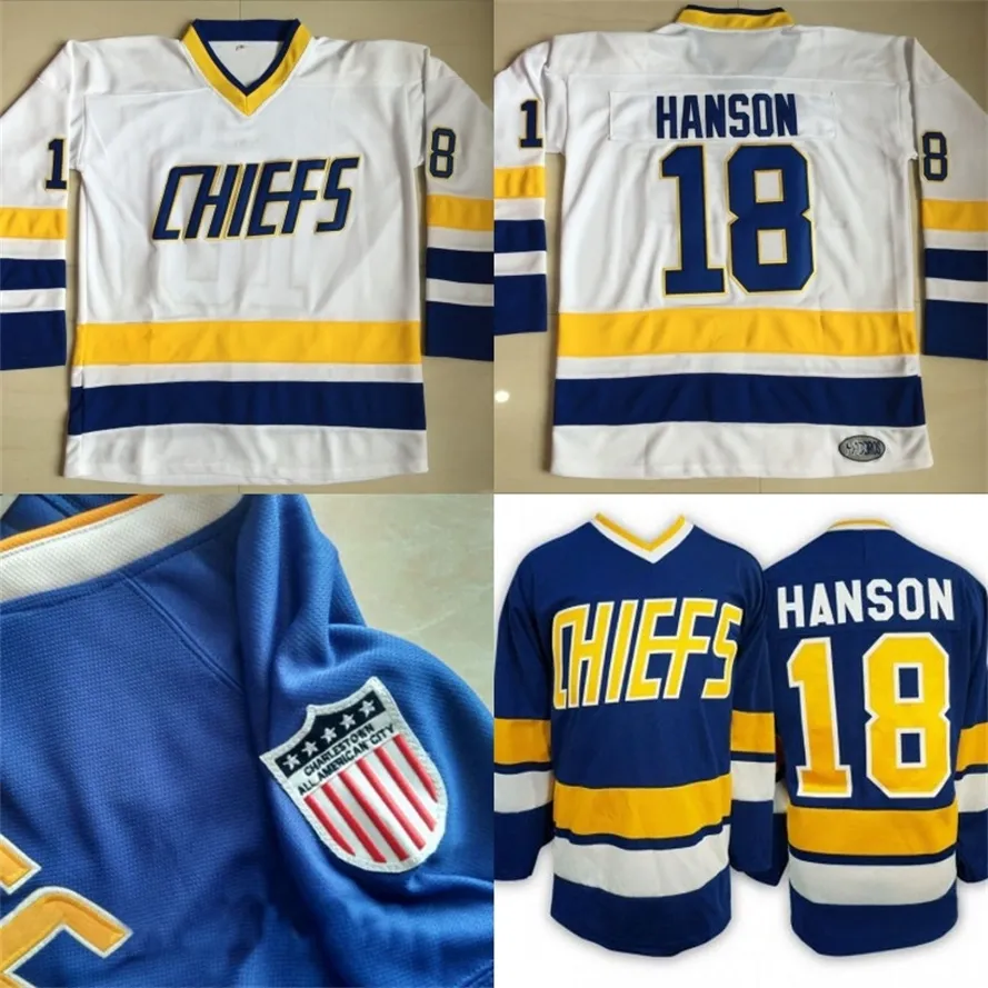 Mit # 18 Jeff Hanson Charlestown Jersey Mens Hanson Brother Slap Shot 100% Stitched Borduurwerk Movie Hockey Jerseys Blauw wit