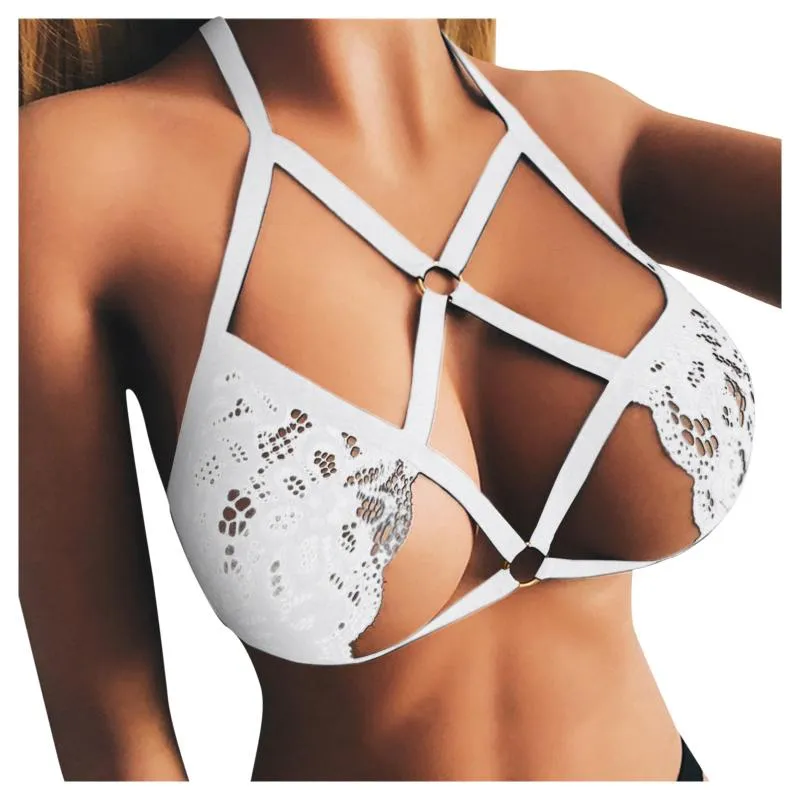 Bras Womens Sexy Cage Halter Bra Cross Hollow Open Cup Harness Bralette  Metal Ring Lace Floral Bandage V Neck Lingerie Bustier From 17,09 €