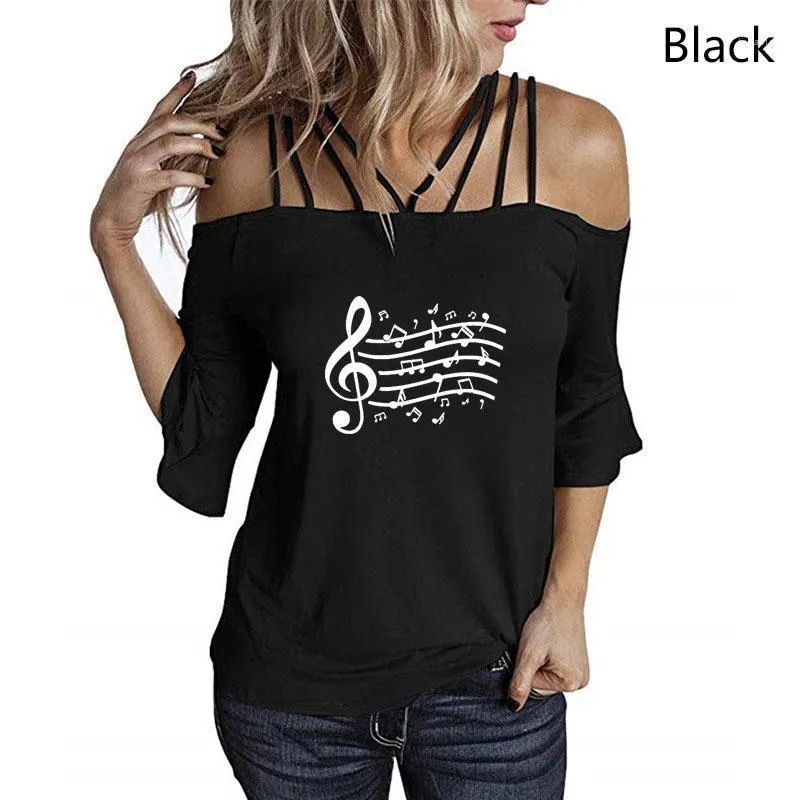 Kvinnors T-shirt Rolig Musik Notes Grafisk Print Flare Ärm Sexig Skjorta Kvinna Sommar Halv Kvinnor Student Lover Gift Femme