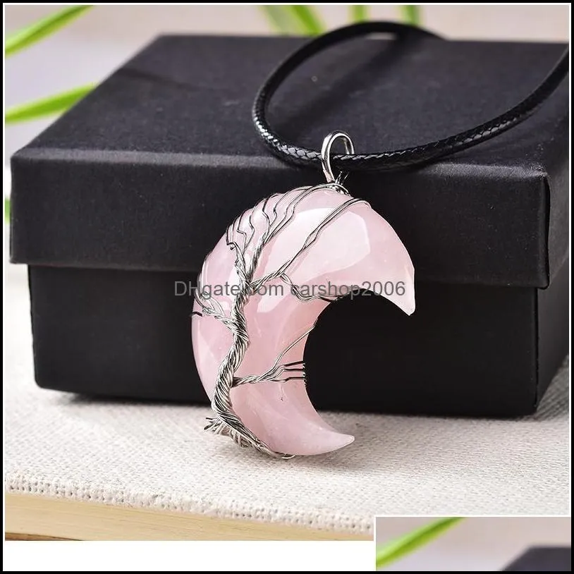 1pc Natural Crystal Pendant Tree Of Life Moon Shape Stone Quartz Mineral Jewelry Healing Stone For Men Women Jewe jllAJW