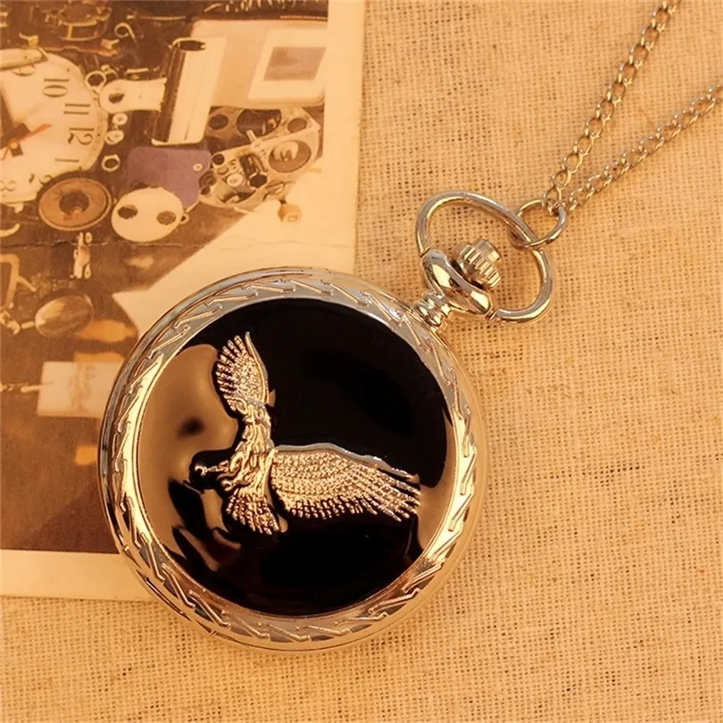 2019 Fashion Luxury Vintage Men's Pocket Watch Stainless Steel Eagle Necklace Netlace Pendant Watch Watch Relogio Masculino T200502