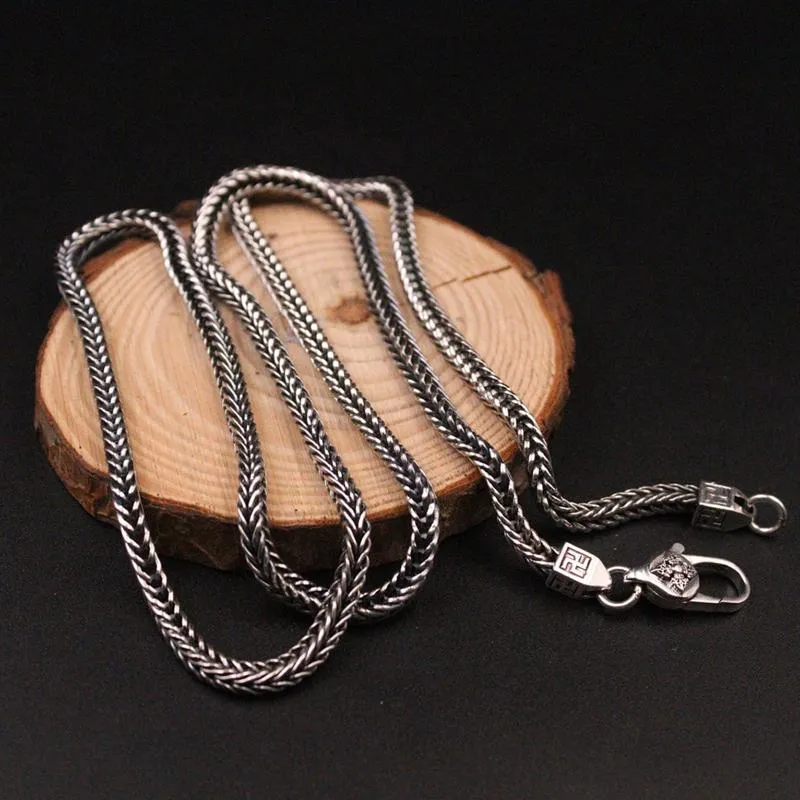 Chains Sterling Silver Necklace For Men Square Wheat Chain 3.5mmW Vintage Thai Male's 26inchLChains