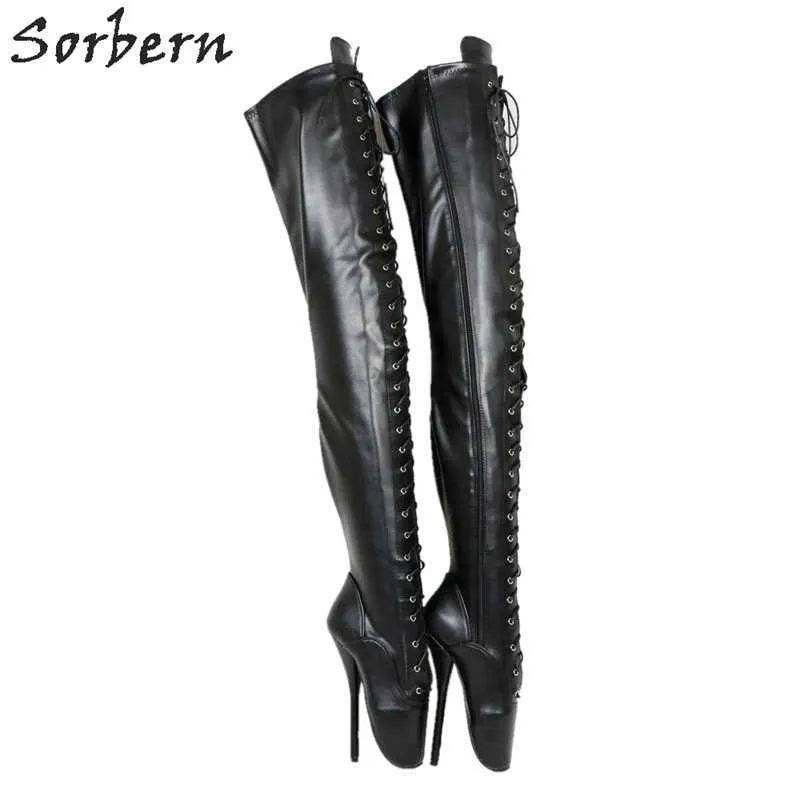 Sorbern 7-Zoll-Ballett-Absatz-Schritt-Oberschenkel-hohe Stiefel für Frauen-Stilettos, kundenspezifische alternative Schuhe, kundenspezifische sexy Fetisch-Stiefel