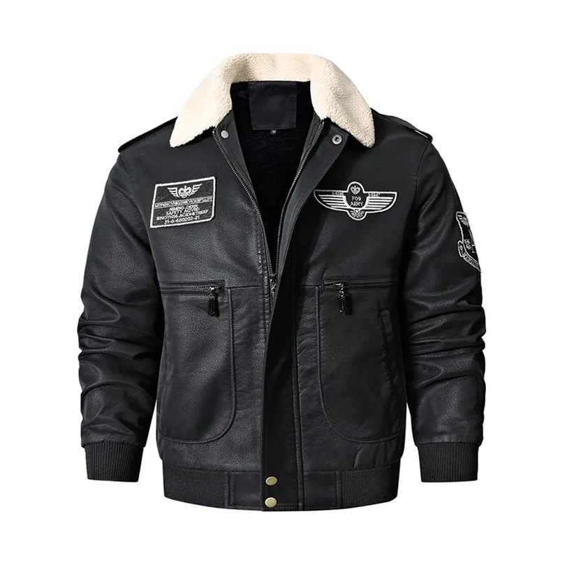Chaqueta Bomber de cuero para motocicleta para hombre, abrigo de vuelo militar marrón Vintage, forro polar de invierno, piel de cerdo de piel sintética, chaqueta de talla grande 220812
