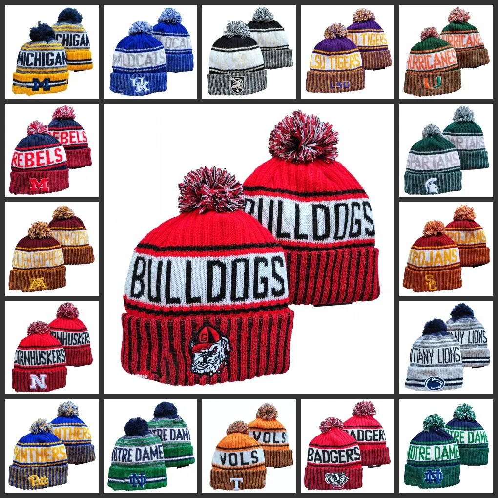 Georgia Bulldogs Bonnets tricotés Laine Chaud Sport Striped Sideline USA College Cuffed Pom Beanie Chapeaux Hommes Femmes NCAA Bonnet Bonnets Skull Hat Cousu