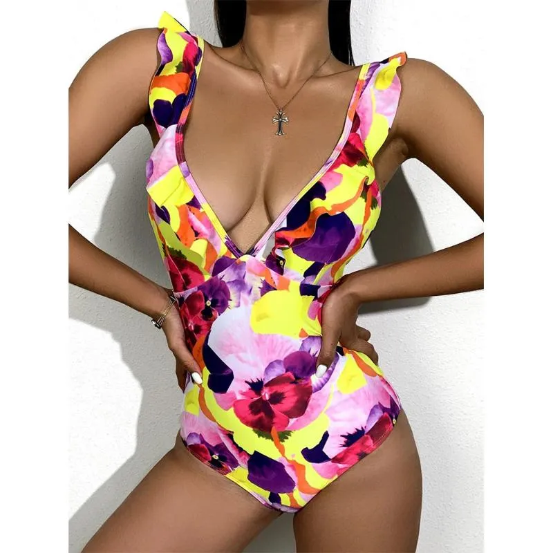 Kvinnors badkläder Kvinnor Ruffle One Piece Swimsuit Sexig V Neck Slimming Bathing Summer Brasilian Beachwear Printed Monokini S-Xlwomen's