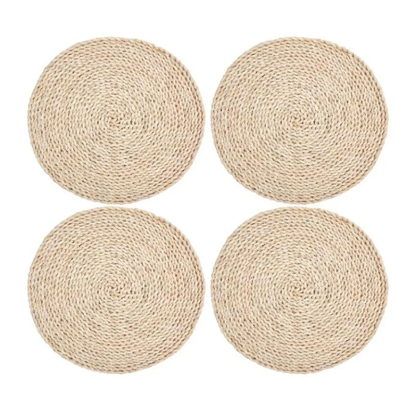 4 st Corn Straw Woven Placemats Runda Rattan Vävda Placemats Naturligt handgjorda mattor Värmeisoleringskudde CX220325