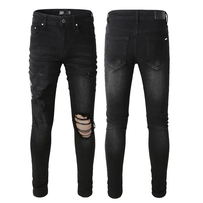 Schwarze Herrenjeans für Männer mit Knieriss und Loch, schmale Passform, Röhrenhose mit Buchstaben-Baby-Print, Biker-Denim, Stretch, Distressed-Motor-Passform, trendiger langer, gerader Reißverschluss