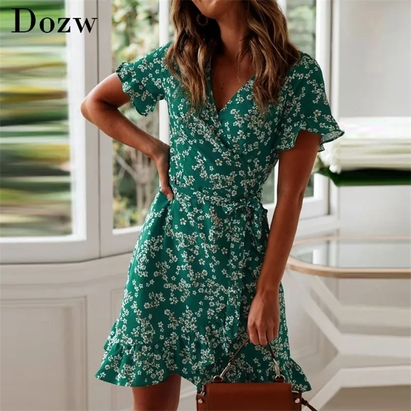 Frauen Kleider Sommer Sexy V-ausschnitt Blumendruck Boho Strandkleid Rüschen Kurzarm A-linie Minikleid Wrap Sommerkleid Robe 220705