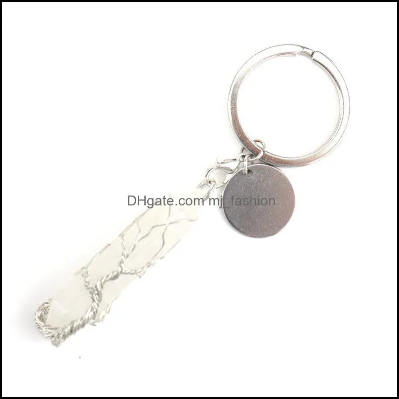 handmade tree of life key rings hexagonal prism pillar natural stone healing crystal quartz keychain keys chain key rin mjfashion