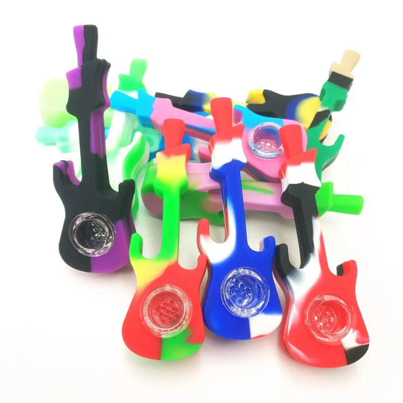 Hookahs 4.3 Inches Silicone Guitar Smoking Pipe Hand Pipes With Glass Bowl Pocket Smoking Accessories